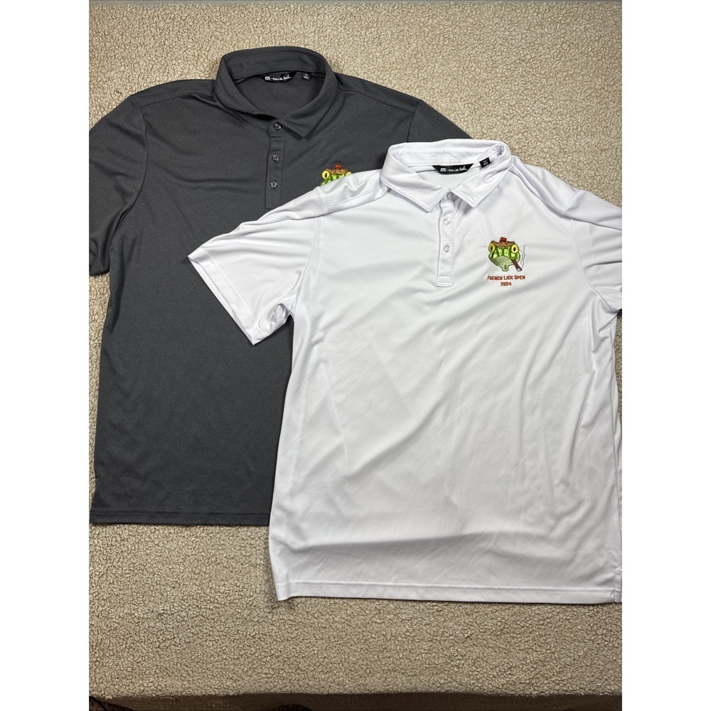 Lot of 2 TravisMathew Golf Polo Shirts Men's XXL White & Gray S/S w/ Chest Logo